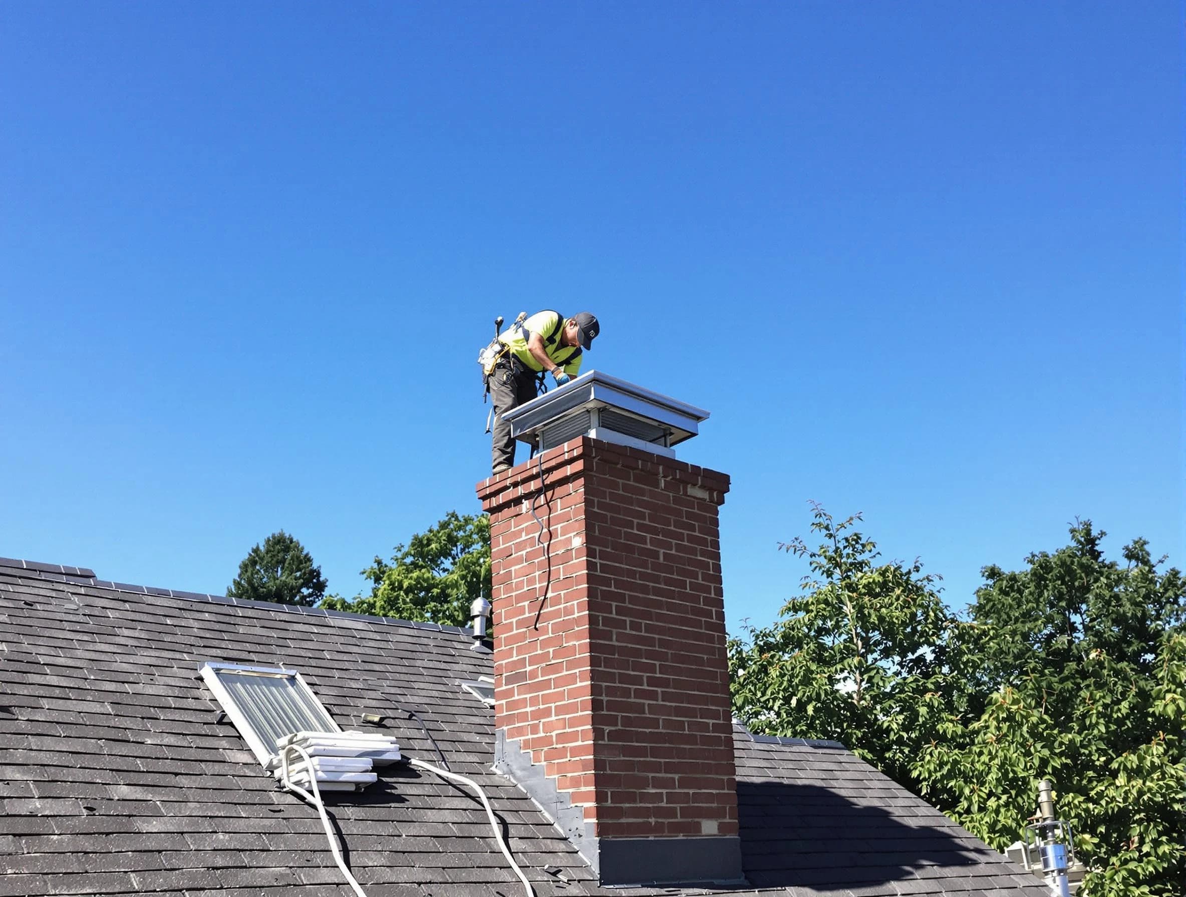 Orangetown Chimney Sweep technician measuring a chimney cap in Orangetown, NY