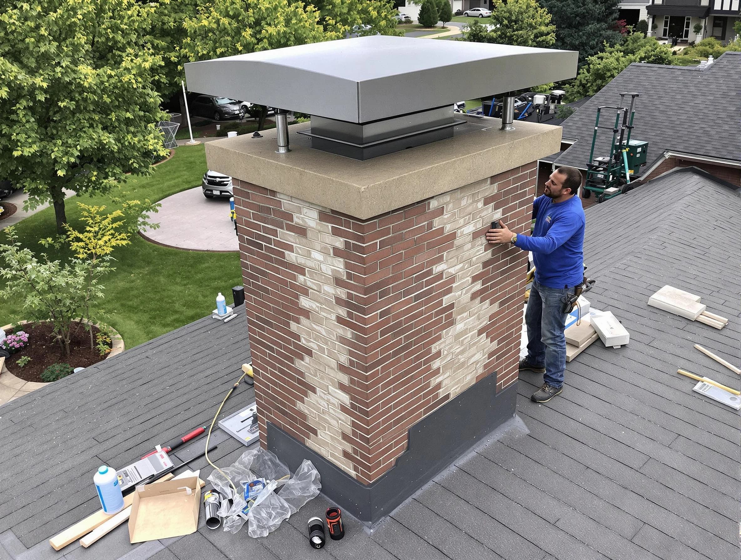 Orangetown Chimney Sweep team working on a custom chimney remodel in Orangetown, NY